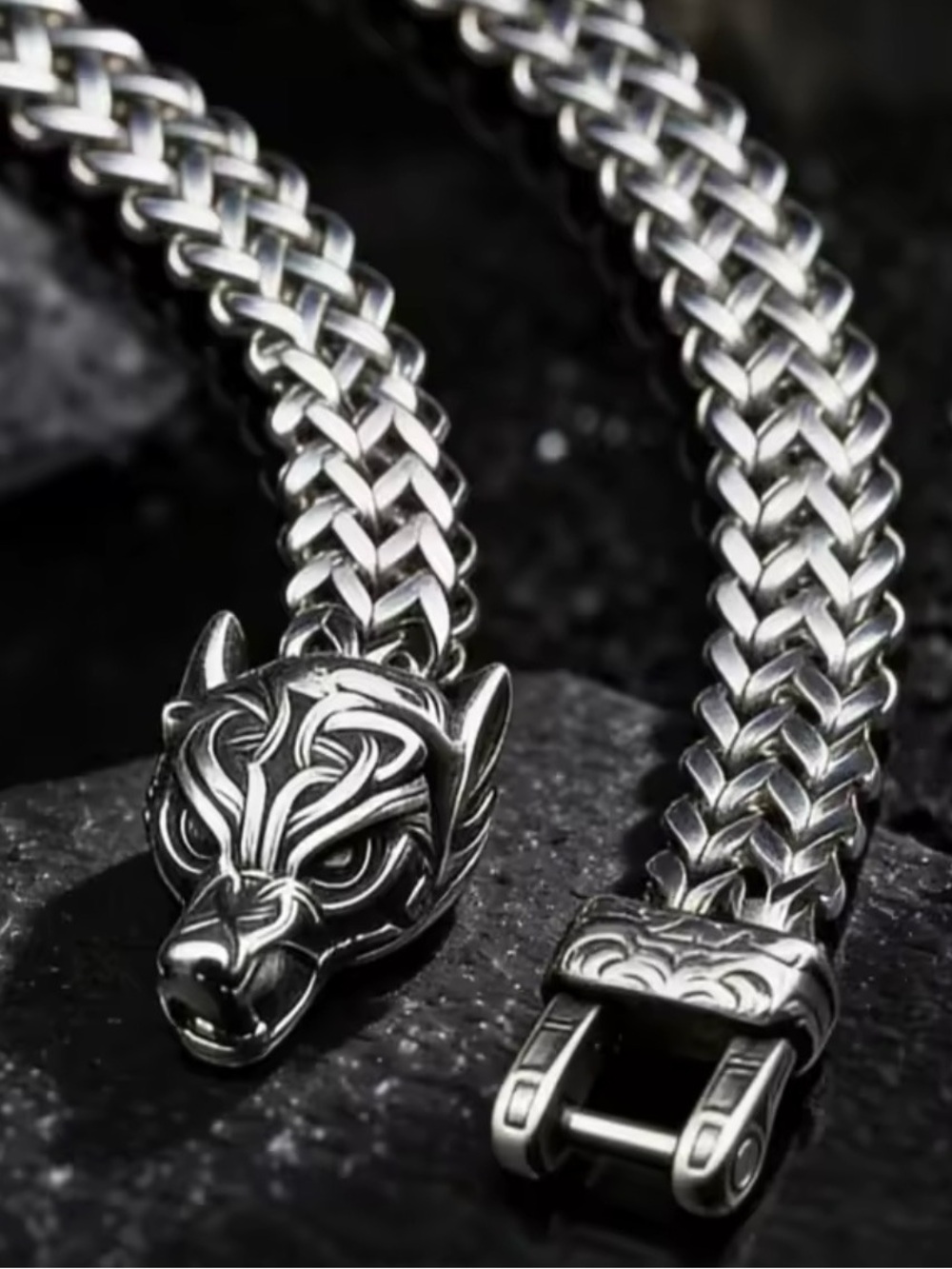 Sterling Silver Viking Wolf Bracelet - Braided Chain - Picture 3 of 11